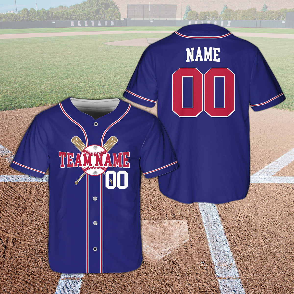 Blue custom baseball jersey with crossed wooden bats graphic, front view