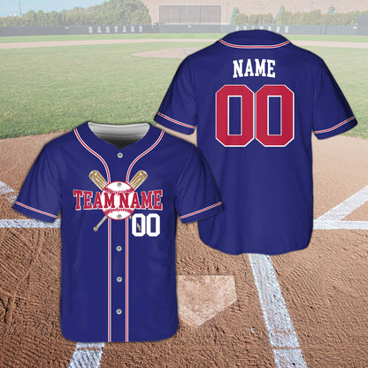Blue custom baseball jersey with crossed wooden bats graphic, front view