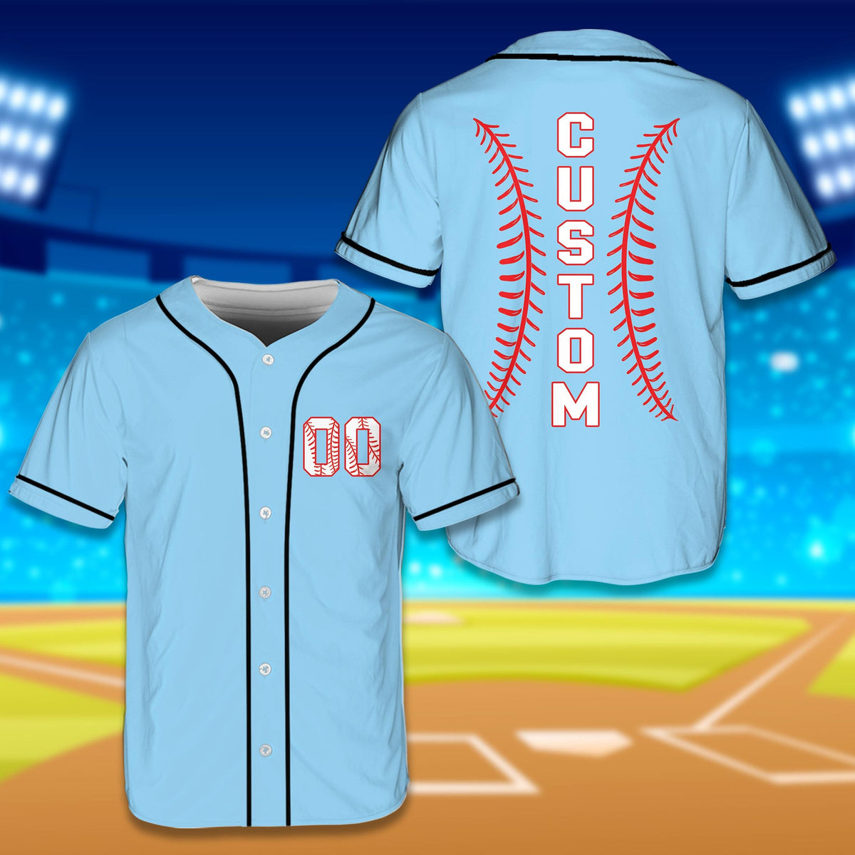 Main view of the personalized blue solid baseball jersey featuring a custom name and number.