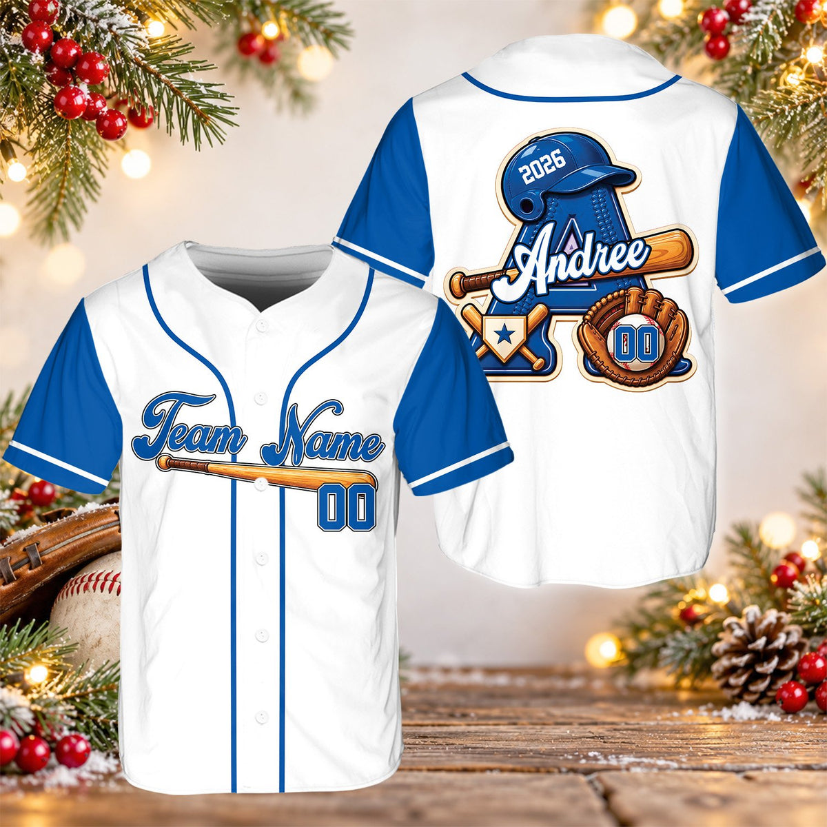 Front view of blue personalized baseball jersey