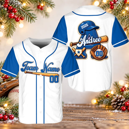 Front view of blue personalized baseball jersey
