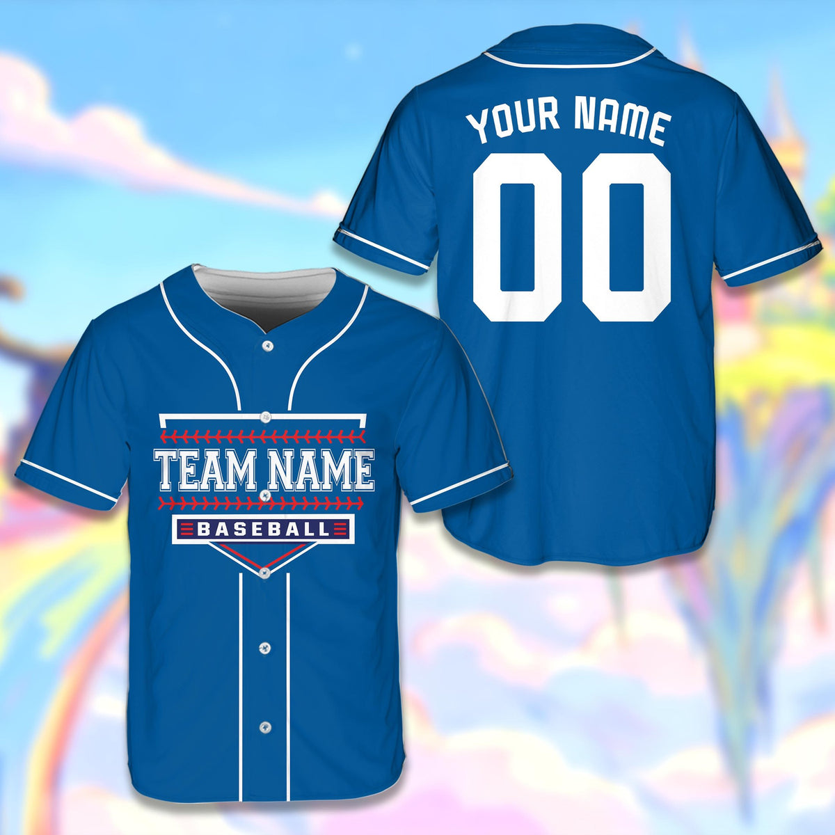 Blue customizable baseball jersey with home plate graphic, front view