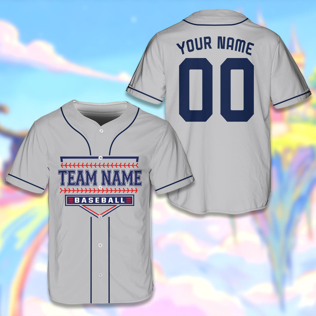 Gray customizable baseball jersey with home plate graphic, front view