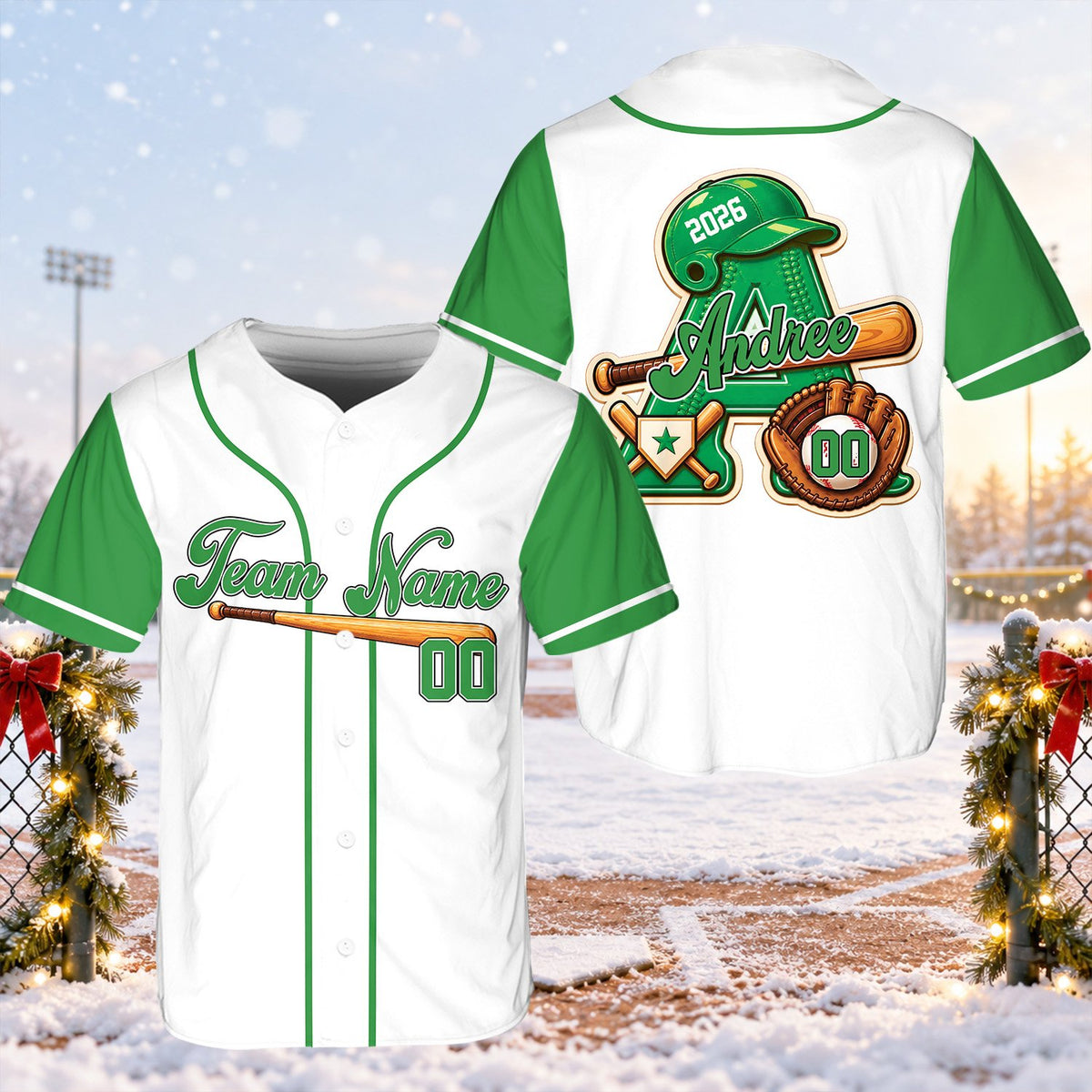 Third front view of green custom baseball jersey
