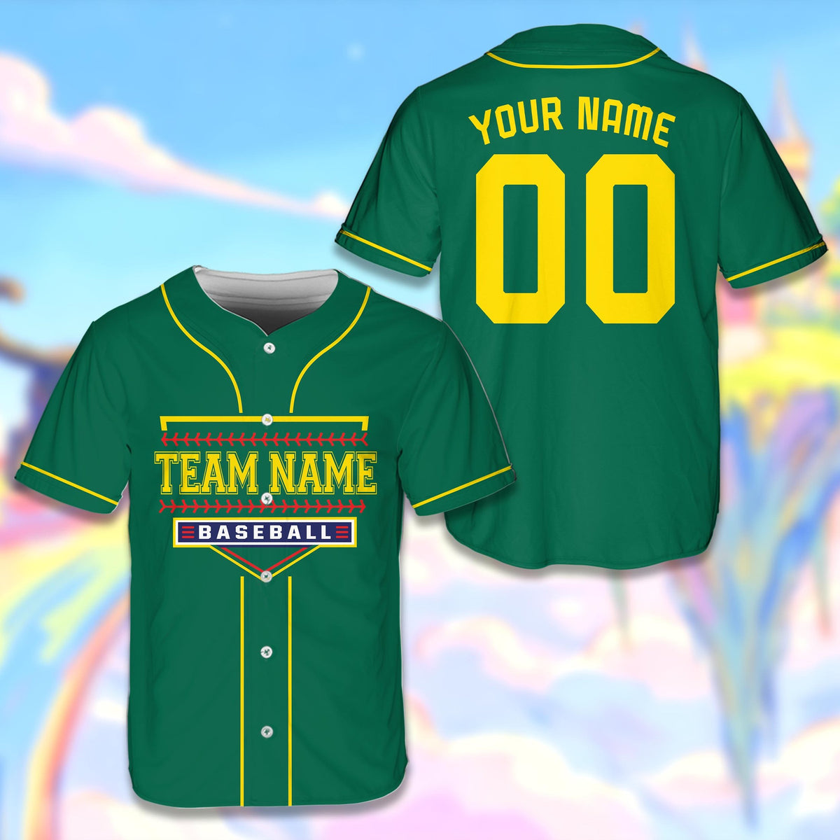 Green customizable baseball jersey with home plate graphic, front view