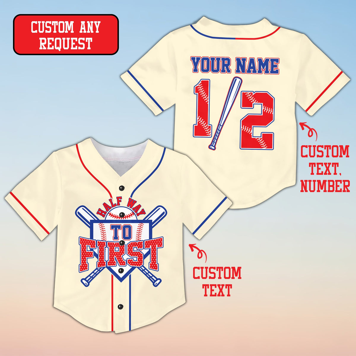 Beige custom baseball jersey with Half Way To First text, front view