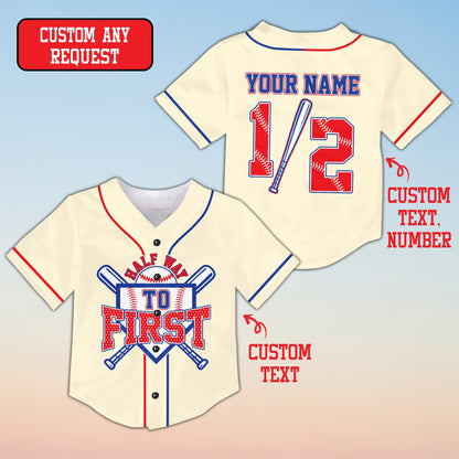 Beige custom baseball jersey with Half Way To First text, front view
