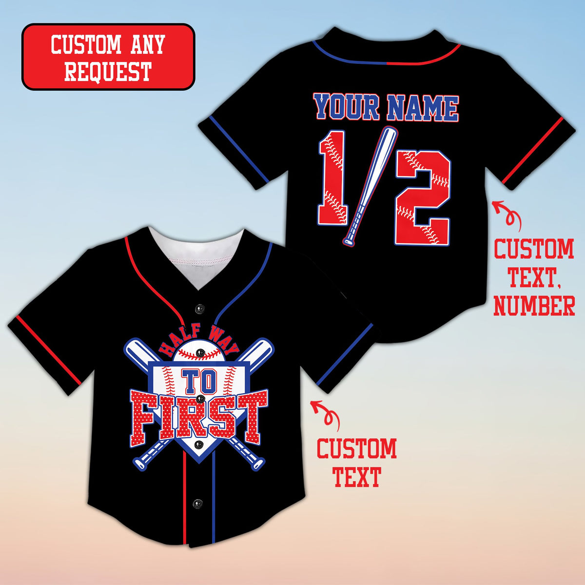 Black custom baseball jersey with Half Way To First design, front view