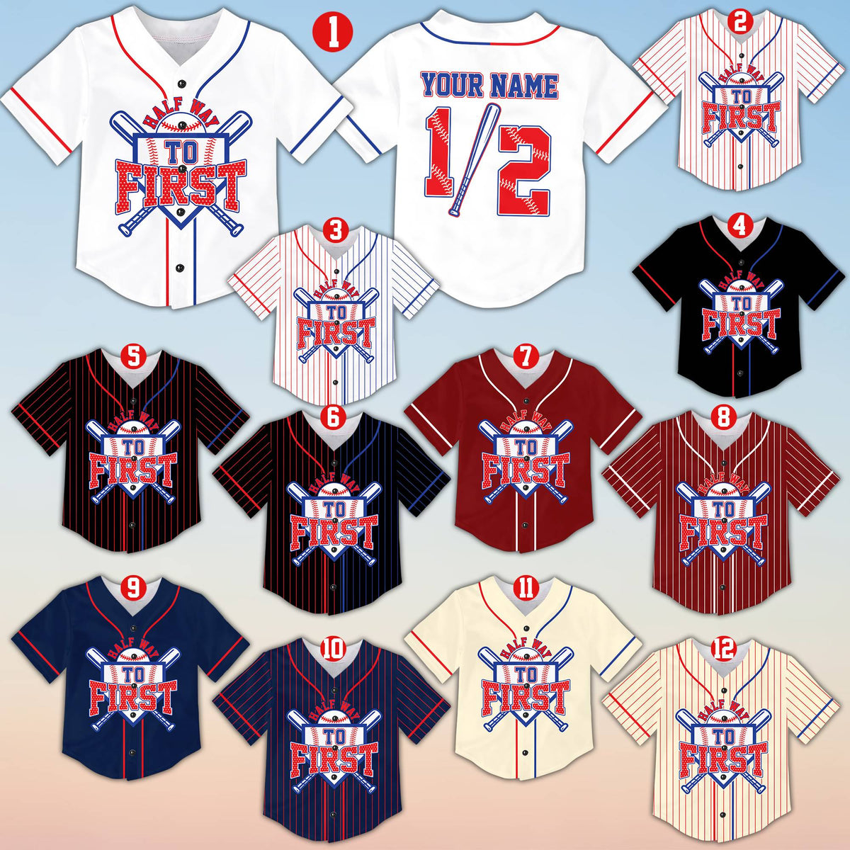Multicolor half baseball jersey featuring custom name and number options, front view