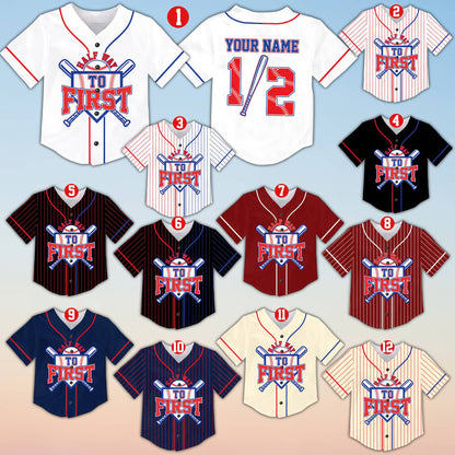 Multicolor half baseball jersey featuring custom name and number options, front view