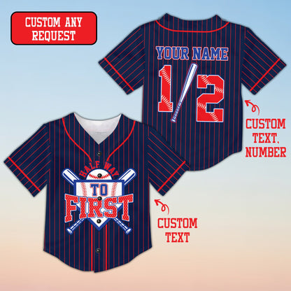 Navy blue birthday baseball jersey with crossed bats and home plate graphic, front view