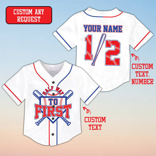 Personalized white birthday baseball jersey with Half Way To First design, front view