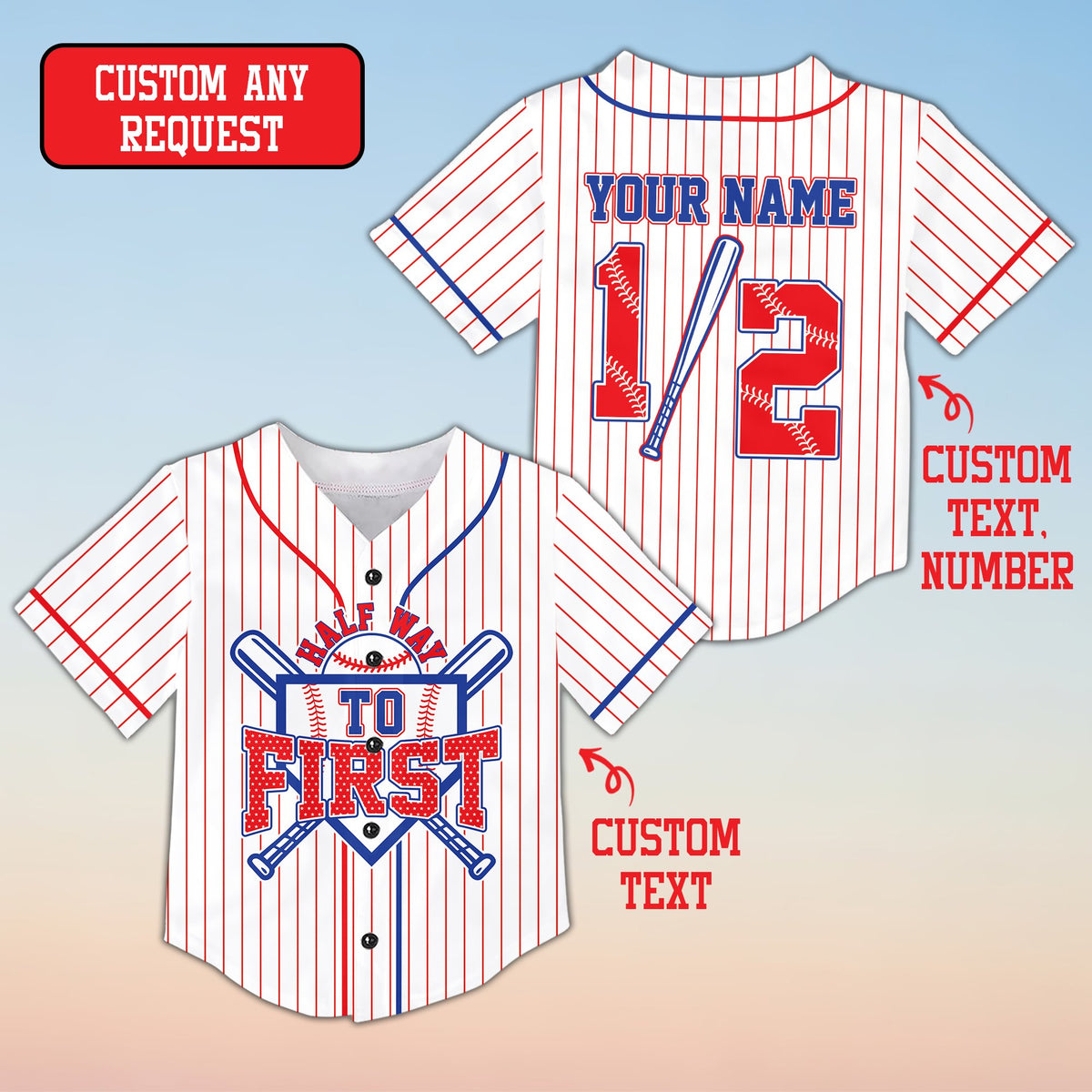 White personalized baseball jersey showing detailed baseball stitching graphics, front view