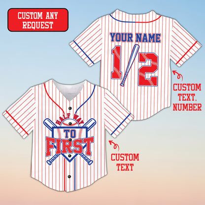 White personalized baseball jersey showing detailed baseball stitching graphics, front view
