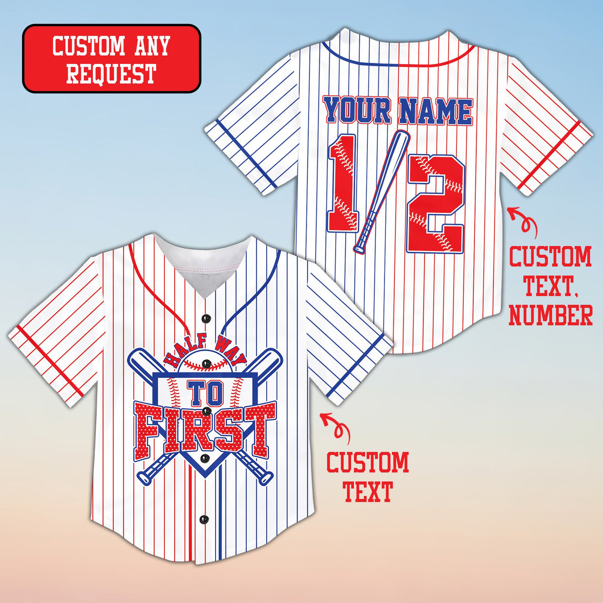 Close up front view of the white birthday baseball jersey