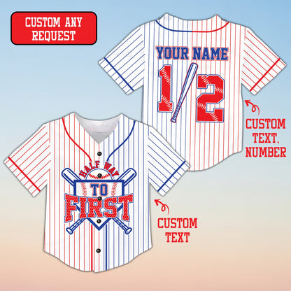 Close up front view of the white birthday baseball jersey