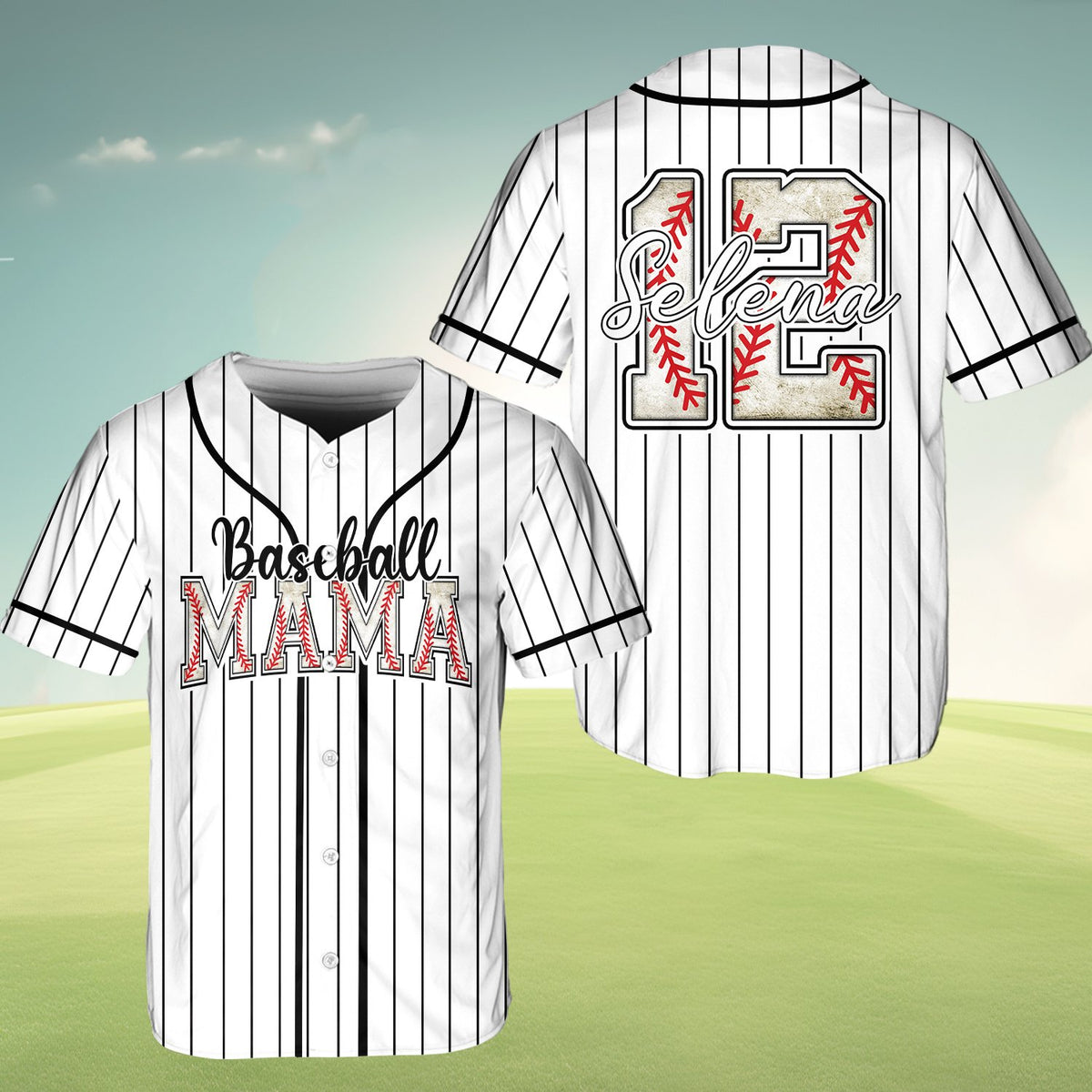 Close-up of the distressed Baseball MAMA text on the jersey