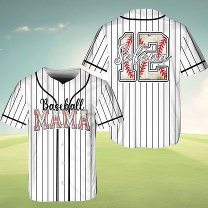 Close-up of the distressed Baseball MAMA text on the jersey