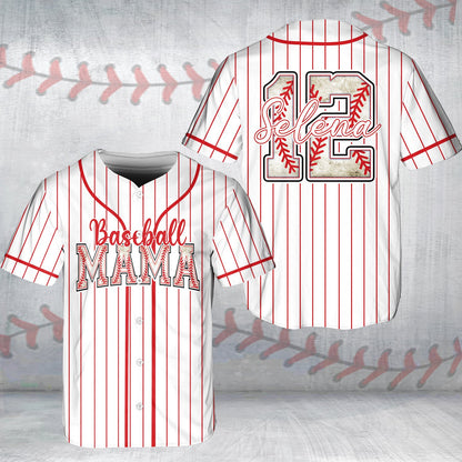 Angle view of the baseball mama baseball jersey showing pinstripes
