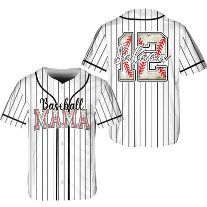 White baseball mama baseball jersey with custom name and number, front view