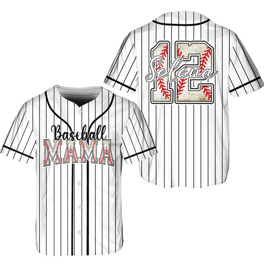 White baseball mama baseball jersey with custom name and number, front view