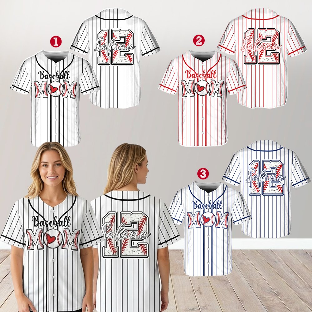 Lifestyle view of personalized white mom baseball jersey being worn