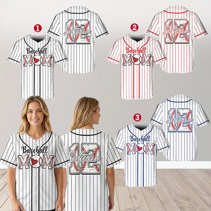 Lifestyle view of personalized white mom baseball jersey being worn