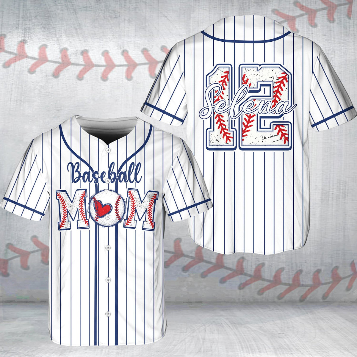 Final front view of personalized white mom baseball jersey