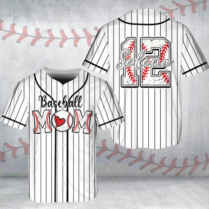 Front detail of white mom baseball jersey showing Baseball MOM graphic