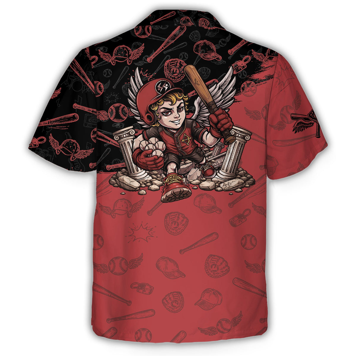 Back view of the baseball sports jersey showing the red and black split background with bats and mitts pattern