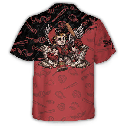 Back view of the baseball sports jersey showing the red and black split background with bats and mitts pattern