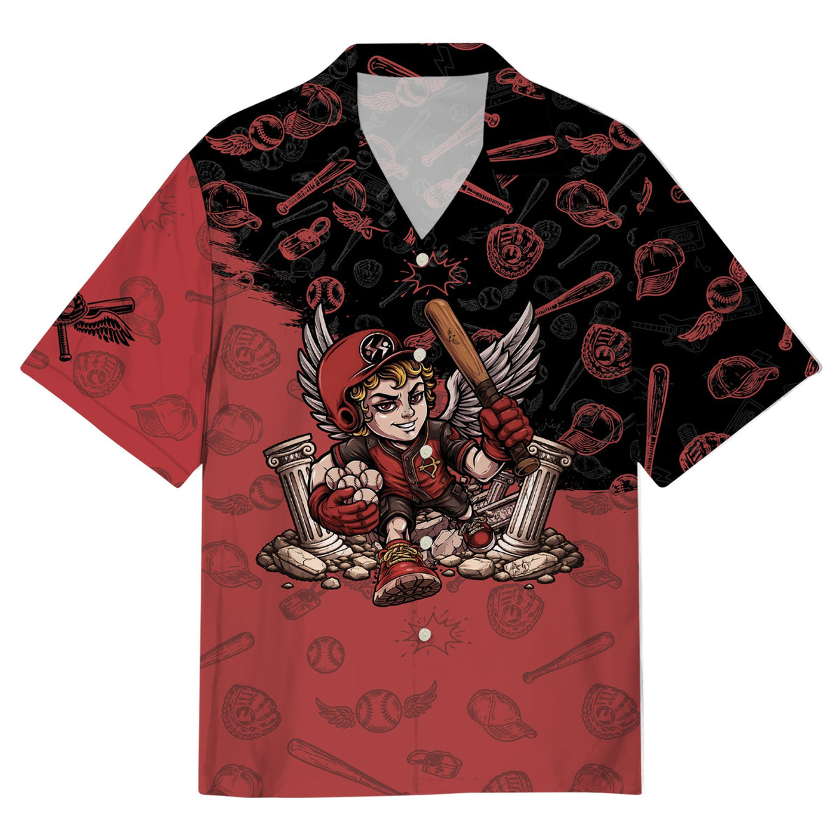 Front view of a new york baseball jersey featuring a cartoon angel and broken classical pillars over a red and black pattern
