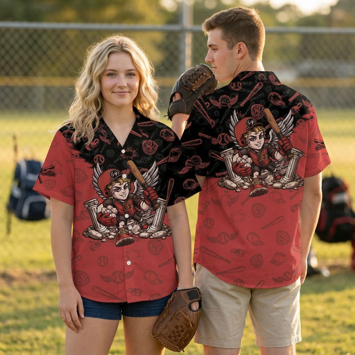 Second lifestyle view of the red and black baseball jersey on a model