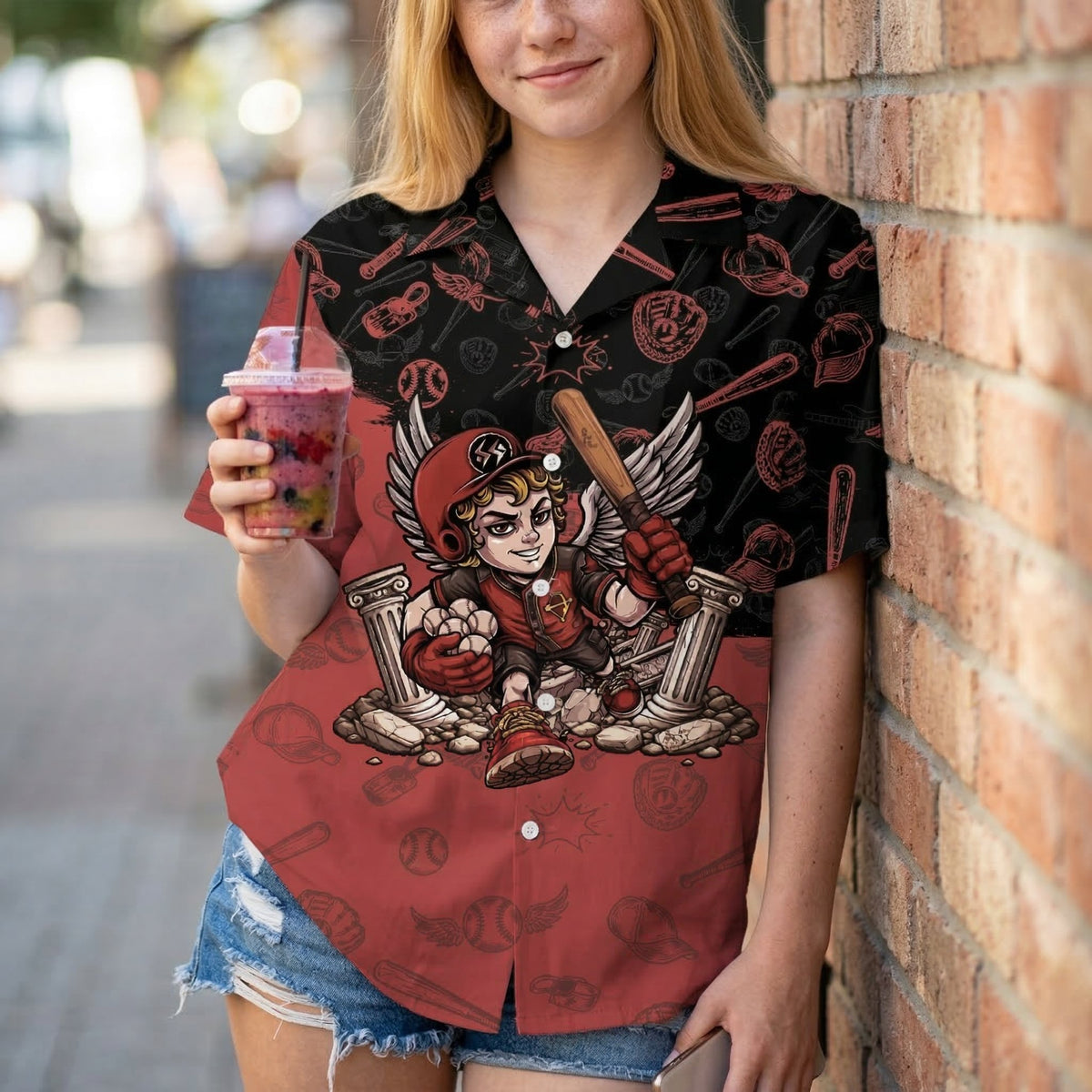 Lifestyle view of a person wearing the angel baseball jersey in an outdoor setting