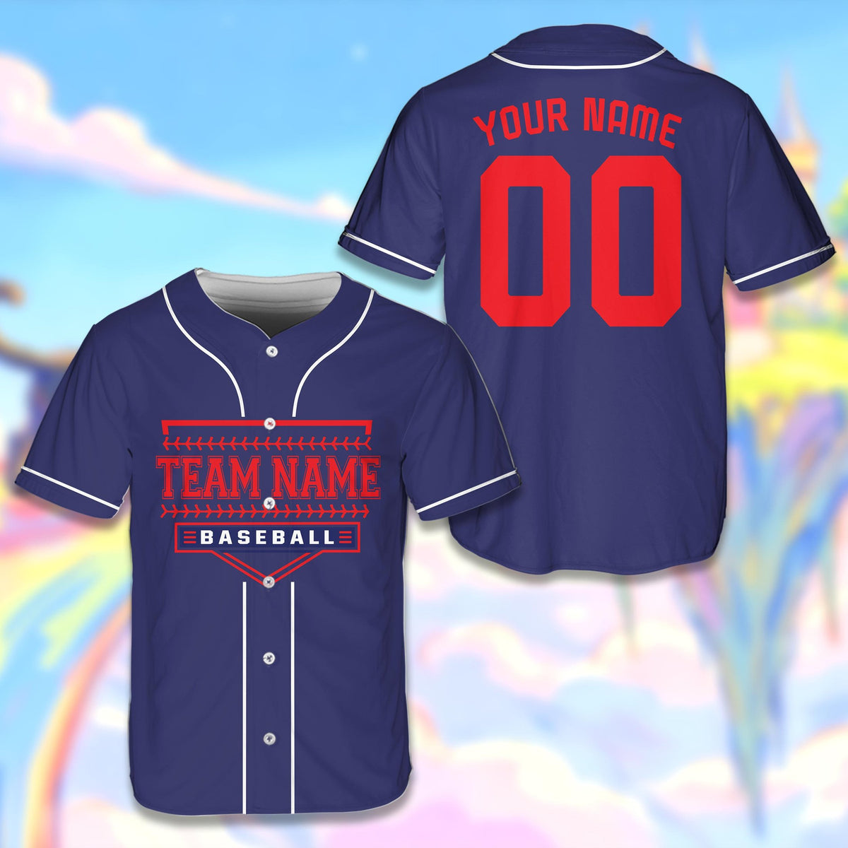 Navy customizable baseball jersey with home plate graphic, front view