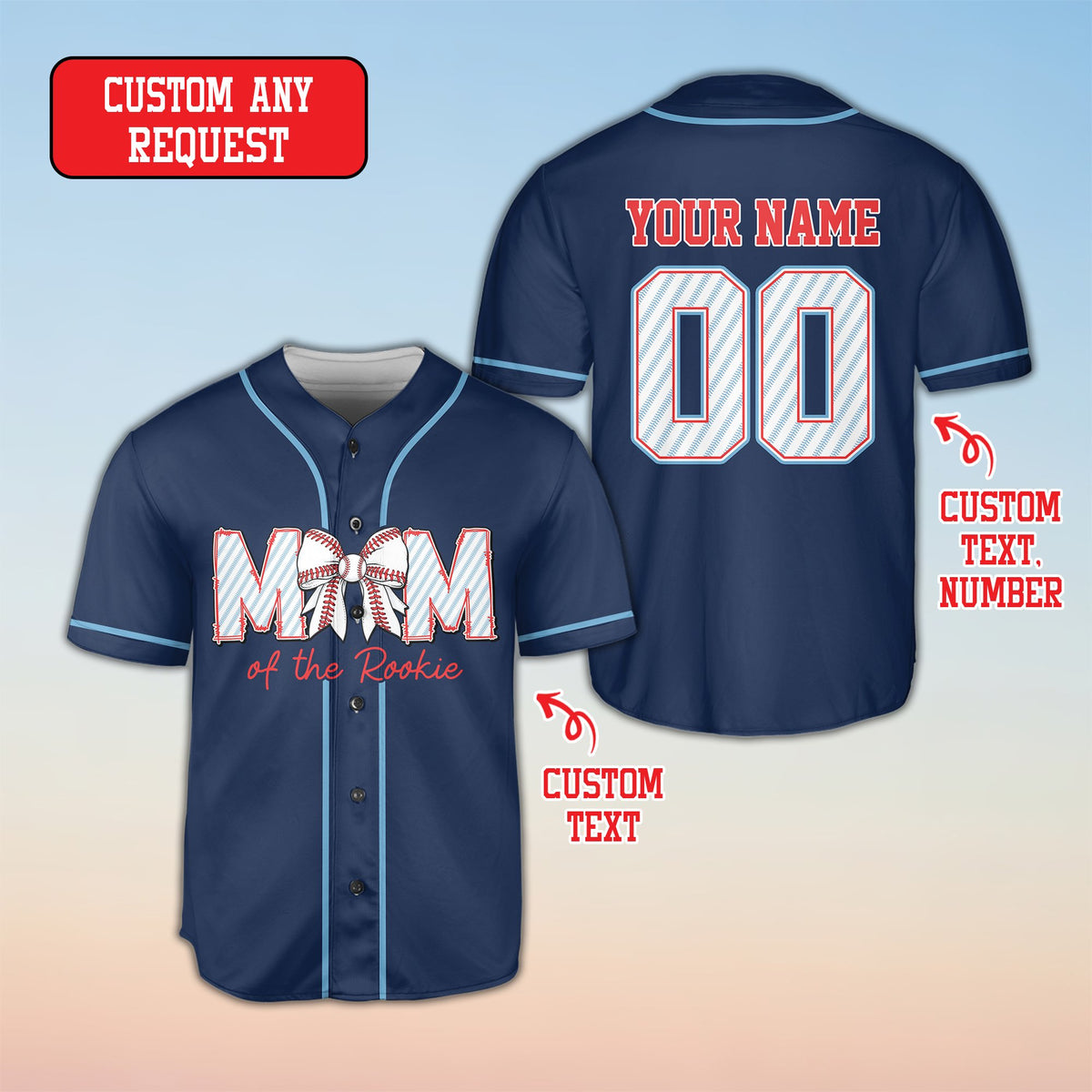 Navy blue personalized baseball jersey with Rookie family graphic, main view