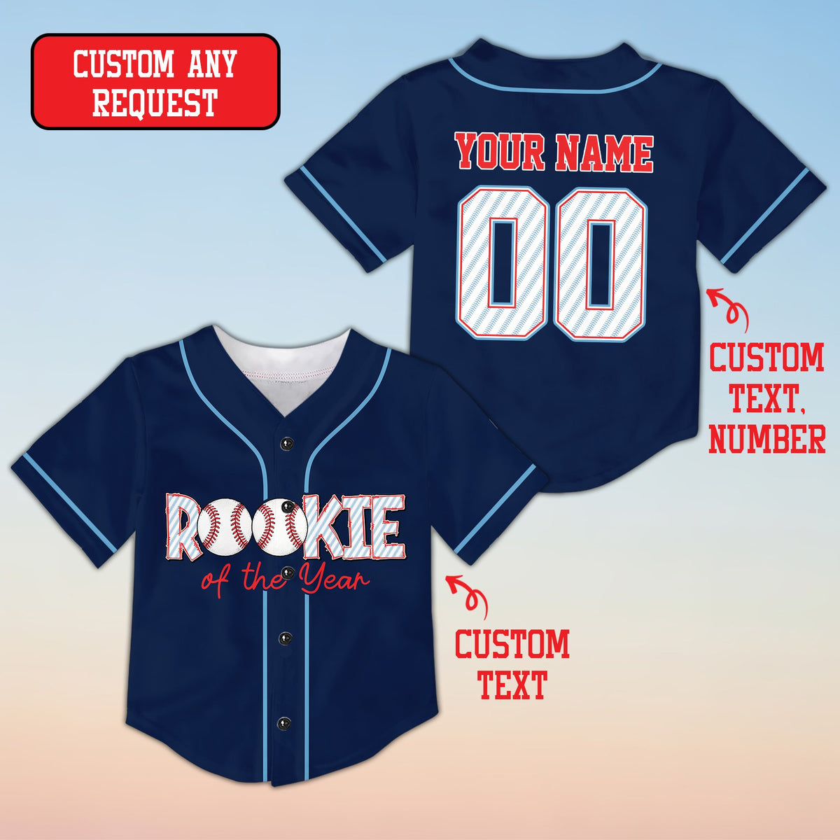 Navy baseball jersey custom name and number design, front view
