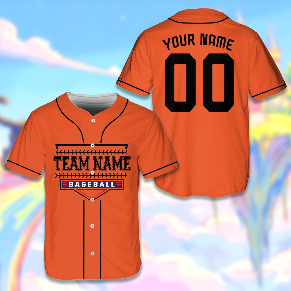 Orange customizable baseball jersey with home plate graphic, front view