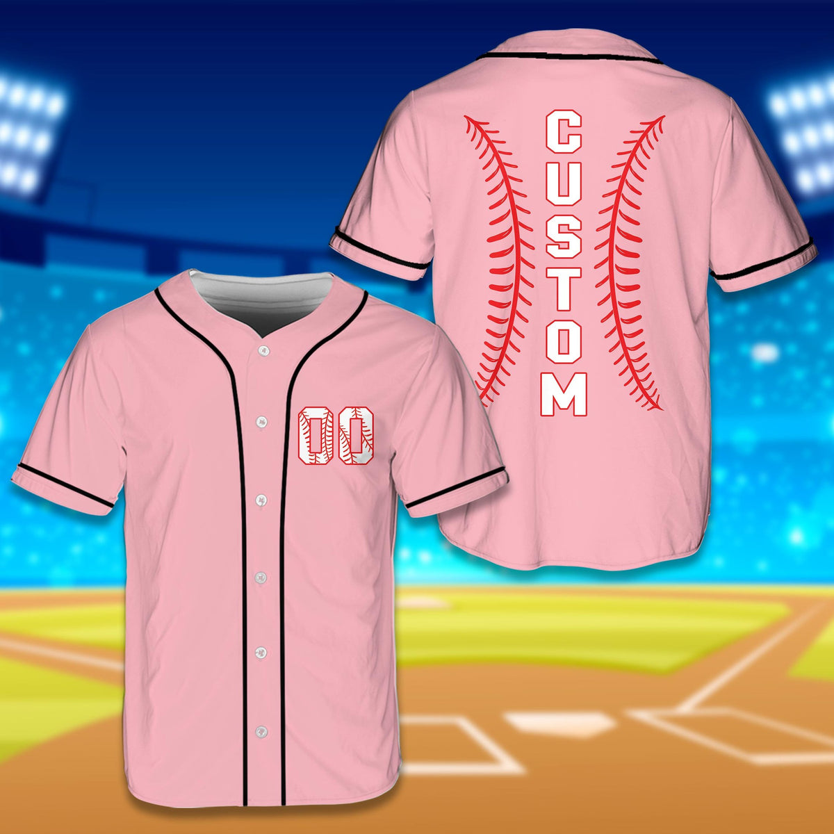 Front view of the personalized baseball jersey in pink.