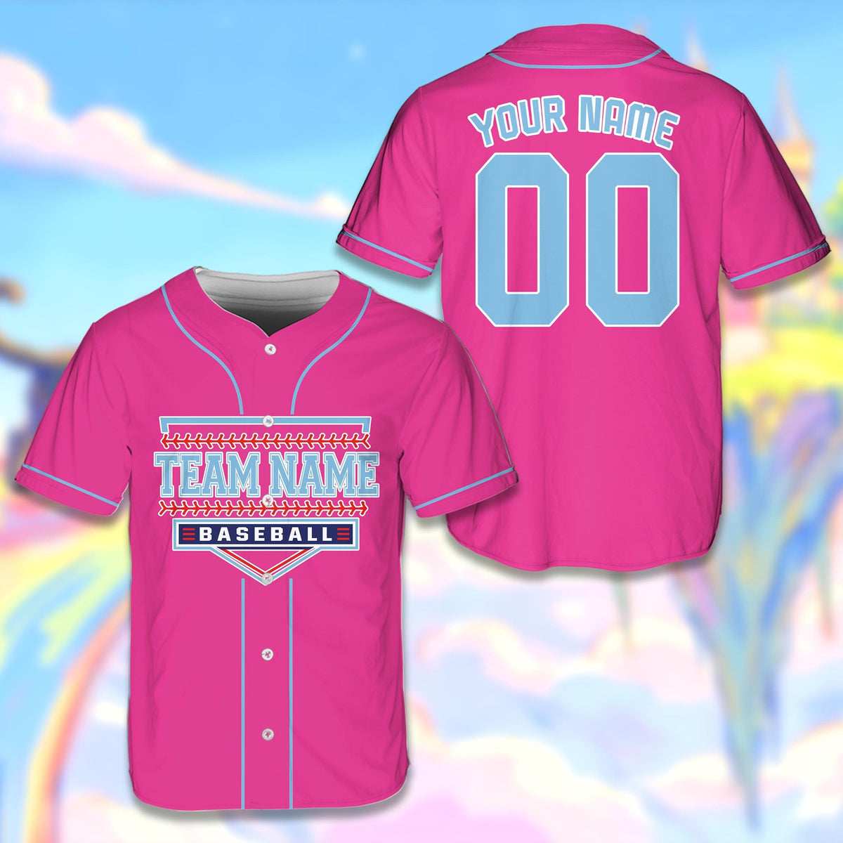 Pink customizable baseball jersey with home plate graphic, front view