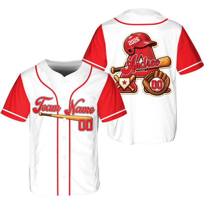 Back view of red custom baseball jersey showing personalized name and number