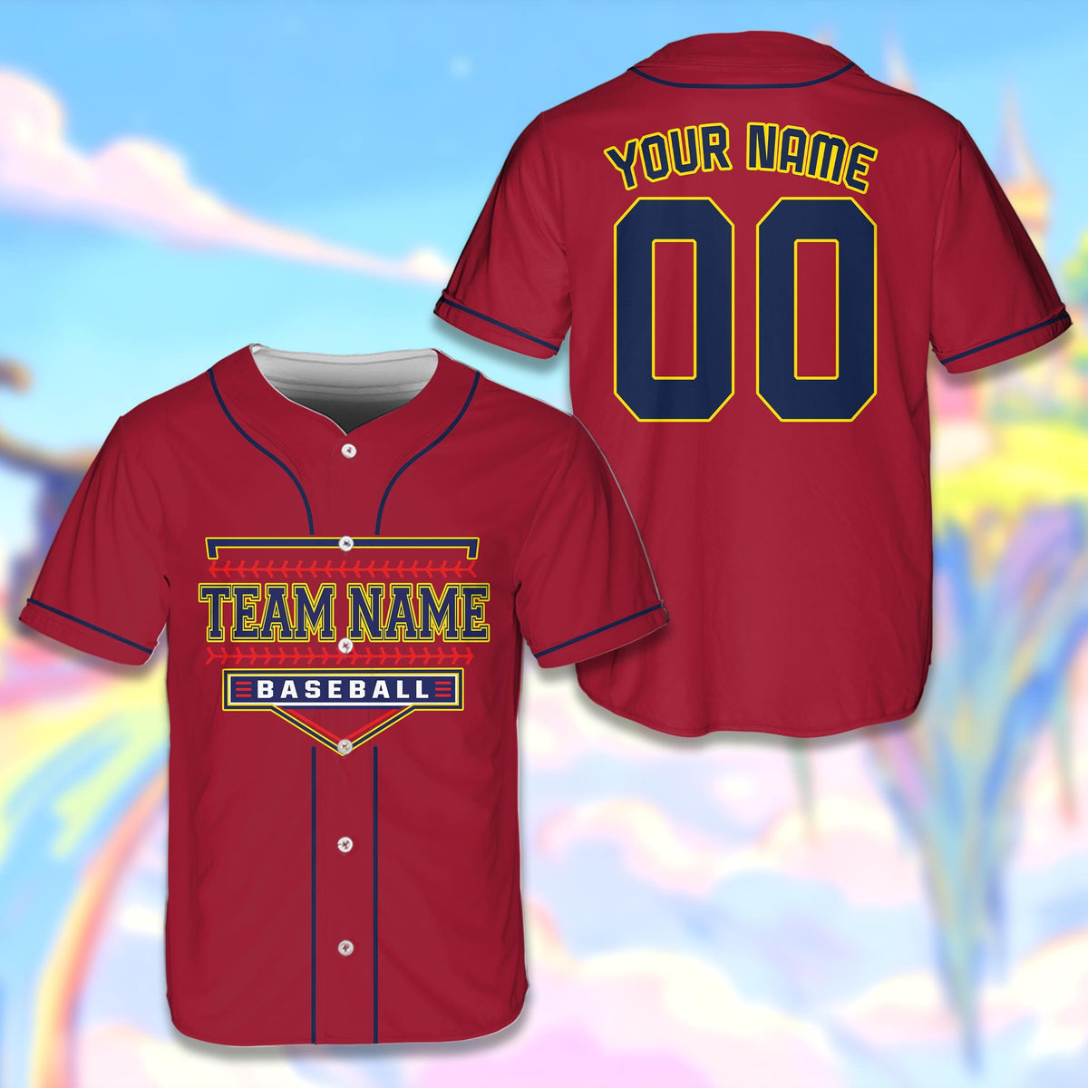 Red customizable baseball jersey with home plate graphic, front view