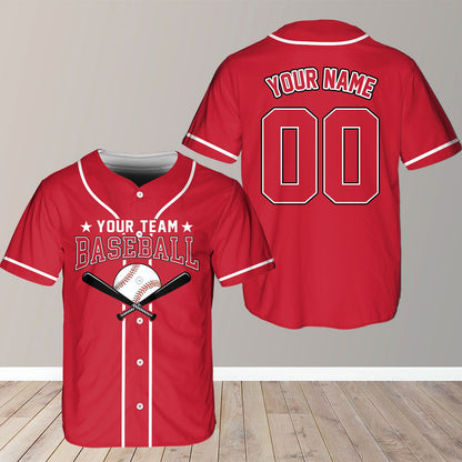 Red personalized baseball jersey, front view