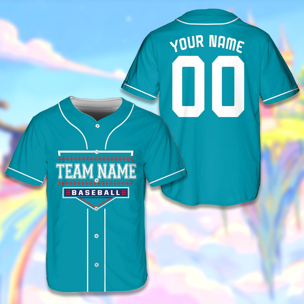 Teal customizable baseball jersey with home plate graphic, front view