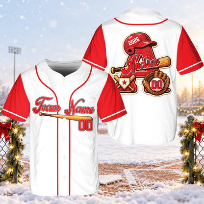 Fourth back view of white personalized baseball jersey