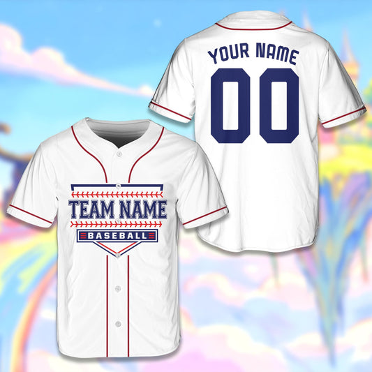 Customizable baseball jersey in white with home plate graphic and custom name and number, main view
