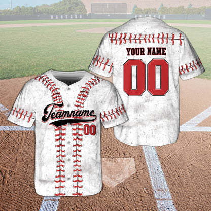 Front view of the custom white baseball jersey with red seam patterns