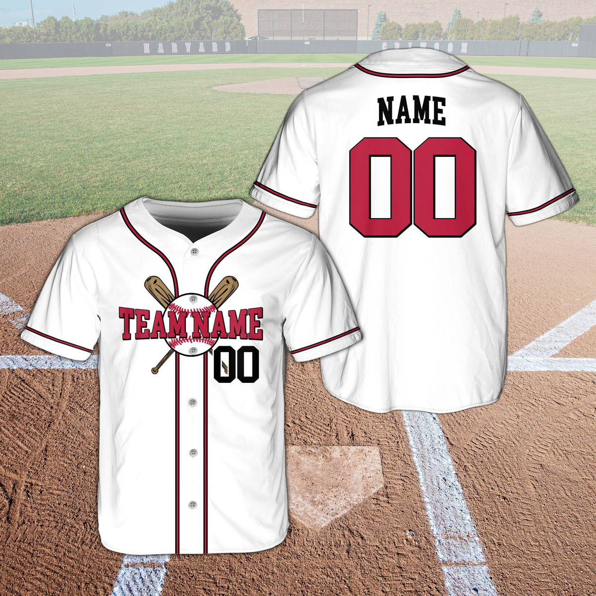White baseball baseball jersey featuring crossed bats design and custom name, front view