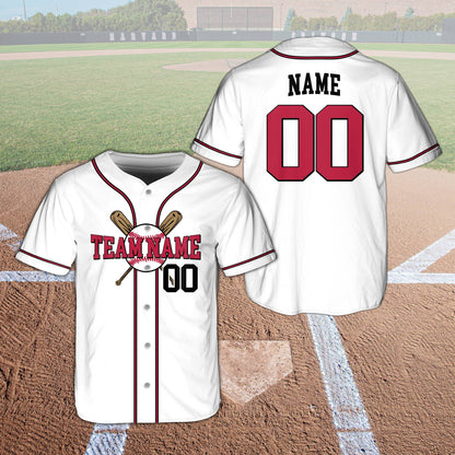 White baseball baseball jersey featuring crossed bats design and custom name, front view