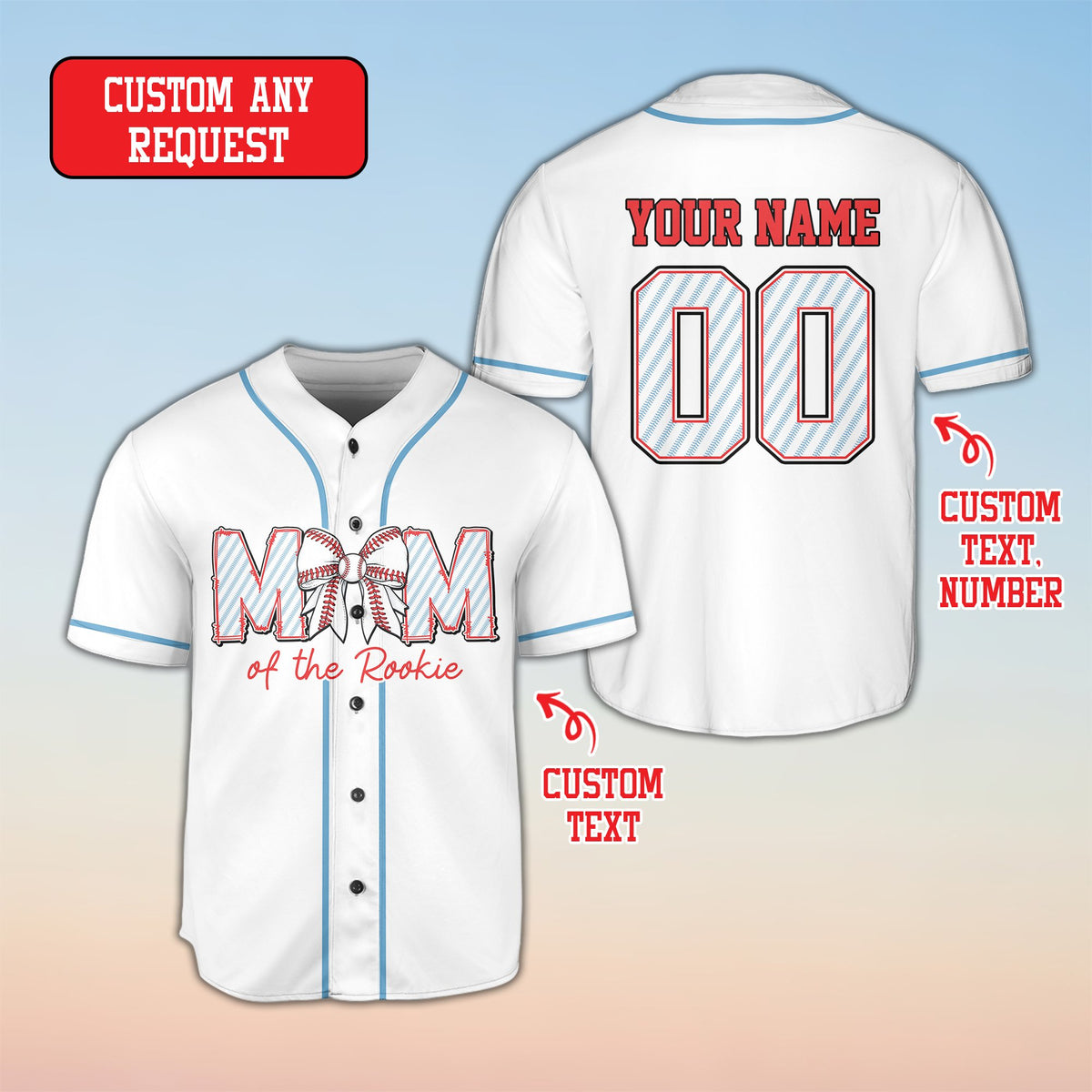 White personalized baseball jersey showing pinstripe text accents, front view